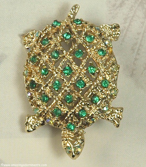 Rhinestone Turtle Figural Pin