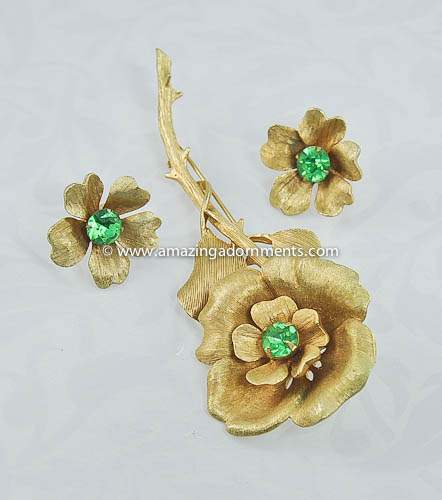 Vintage Flower Set with Green Rhinestone