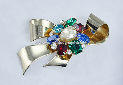 Vintage Coro Rhinestone Ribbon and Flower Brooch