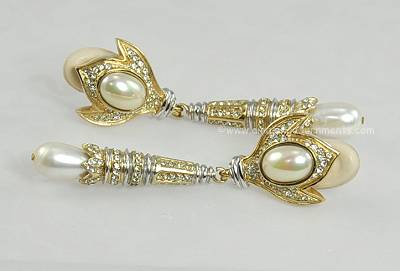 Ornate Rhinestone and Faux Pearl Earrings Signed N.L.H.