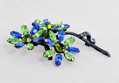 Vintage Blue and Green Rhinestone Flower Brooch and Earring Set