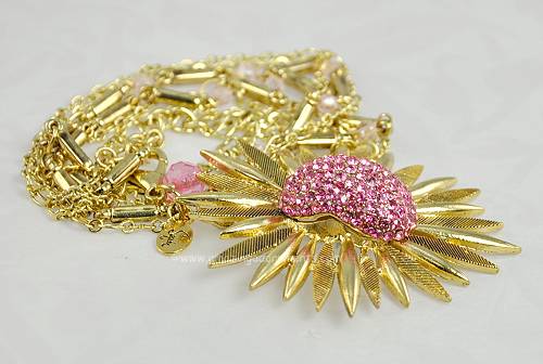 Contemporary Signed Sequin Pink Rhinestone Pendant Necklace