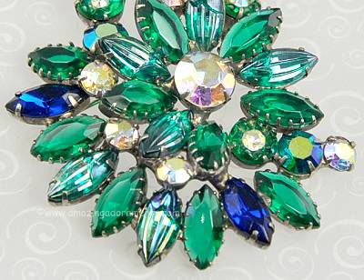 Vintage Blue and Green Rhinestone and Ribbed Glass Brooch