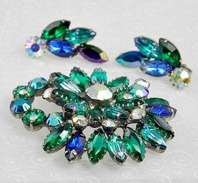 Vintage Blue and Green Rhinestone and Ribbed Glass Brooch and Earring Set