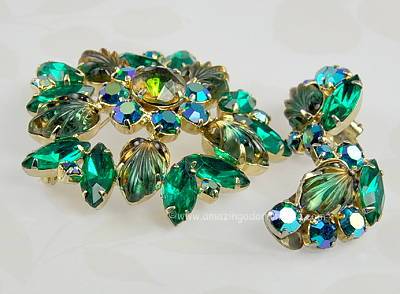 Vintage Green Rhinestone and Carved Glass Leaves Set