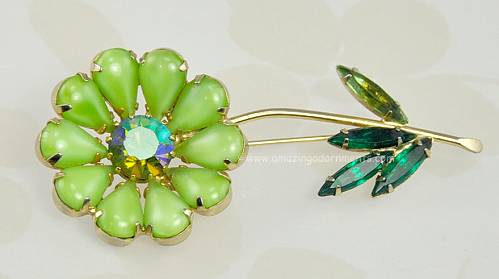 Vintage Green Glass and Rhinestone Flower Brooch