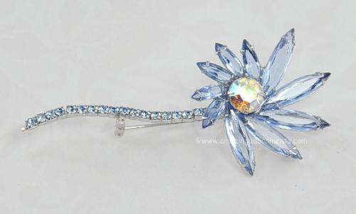 Blue Rhinestone Floral Brooch