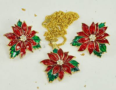 Enamel and Rhinestone Christmas Poinsettia Set