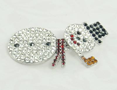 Unsigned Rhinestone Snowman Pin with Articulating Head