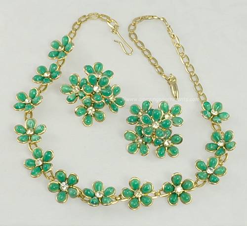 Vintage Signed Coro Green Pastic Flower Blossom Set with Rhinestones