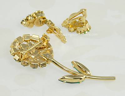 Vintage Unsigned Rhinestone Flower Brooch and Earring Set