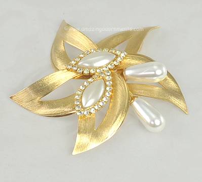 Vintage Rhinestone and Faux Pearl Brooch