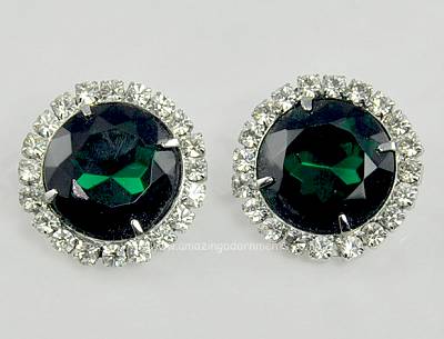 Luxurious Vintage Green Glass and Clear Rhinestone Earrings