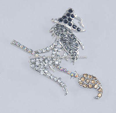 Contemporary Crystal Halloween Witch Pin with Broom