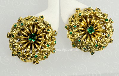 Wonderful Vintage Signed Elaborate Earrings with Green Rhinestones