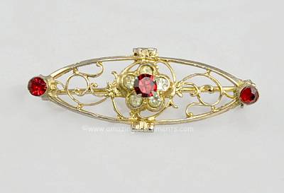 Tantalizing Vintage Art Nouveau Look Pin with Ruby and Clear Rhinestones