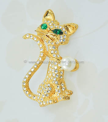 Dazzling Unsigned Rhinestone and Faux Pearl Feline Pin