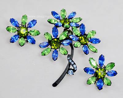 Fantastic Vintage Blue and Green Rhinestone Flower Brooch and Earring Set