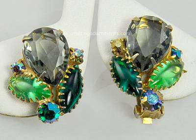 Scrumptious Vintage Unsigned Rhinestone Earrings in Greens