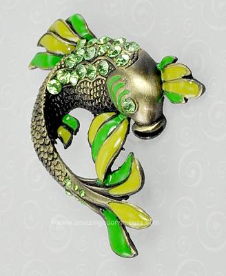 Realistic Koi Fish Figural Brooch with Green Rhinestones and Enamel