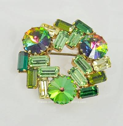 Dazzling Vintage Unsigned Rhinestone Brooch in Greens