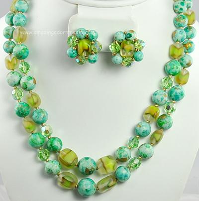 Sensational Vintage Shades of Green Bead and Crystal Necklace and Earring Set