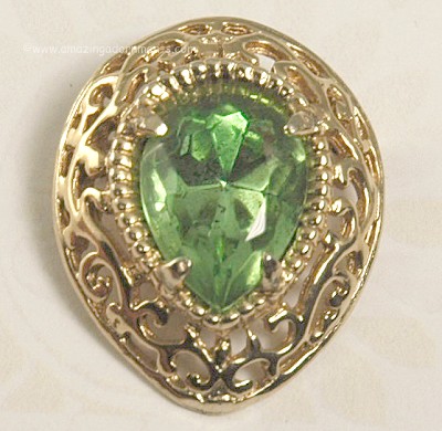 Ornate Vintage Rhinestone Pin with Huge Green Glass Pear Stone