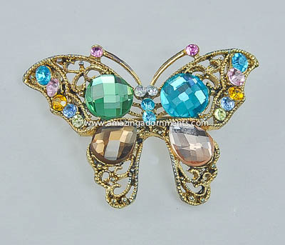 Fanciful Open Metal Work Butterfly Brooch with Colored Glass