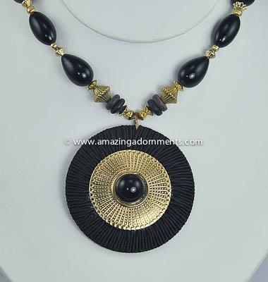 Contemporary Black Fabric on Metal Medallion Statement Necklace