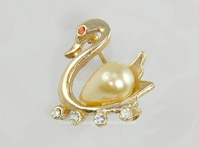 Petite Vintage Swan Figural Pin with Rhinestones and Faux Pearl Belly