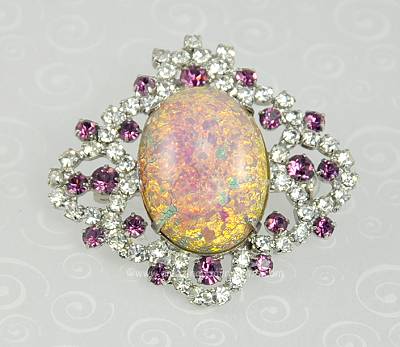 Divine Vintage Clear and Amethyst Rhinestone Brooch with Art Glass Stone