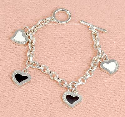 High- end Sterling Silver and Enamel Hearts Charm Bracelet Signed BULGARI ITALY