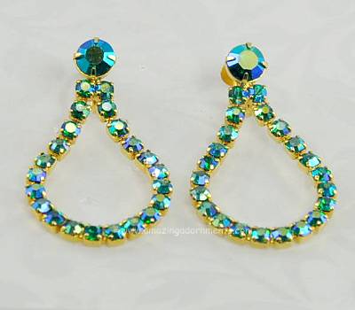 Staggering Vintage Green Aurora Borealis Rhinestone Oval Hoop Earrings