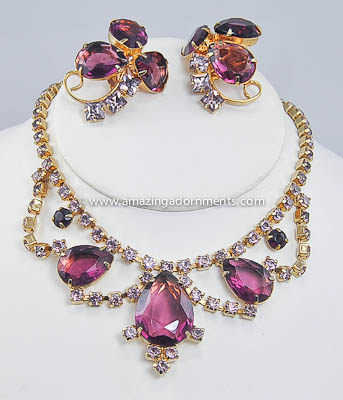 Ravishing Vintage Shades of Purple Glass and Rhinestone Demi- parure