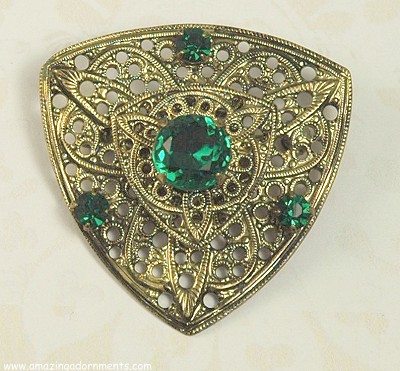Vintage Tiered Filigree Shield Brooch with Green Rhinestones
