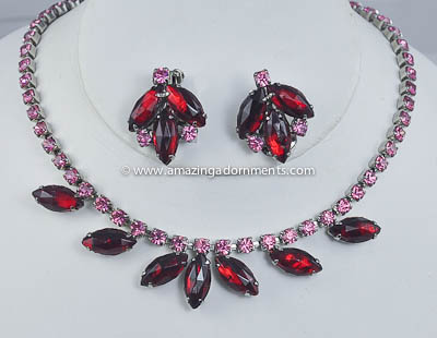 Superb Vintage Unsigned Ruby Red and Pink Rhinestone Necklace and Earring Set