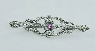 Unsigned Marcasite and Amethyst Rhinestone Bar Pin