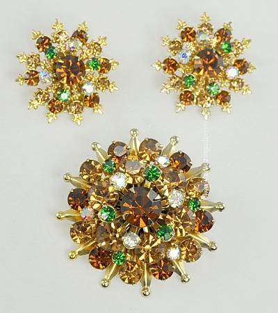 Sparkling Vintage Shades of Autumn Rhinestone Brooch and Earring Set