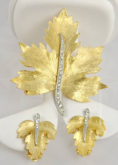 Impressive Vintage Maple Leaf Brooch and Earring Set with Rhinestones