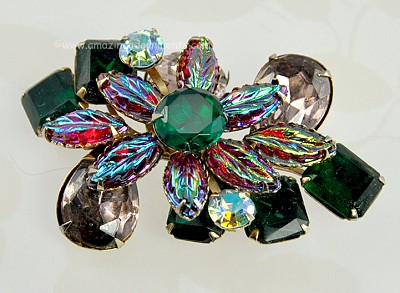 Glitzy Vintage Dimensional Large Rhinestone and Iridescent Glass Brooch