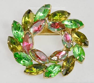 Stupendous Vintage Rhinestone Wreath Brooch in Berry and Shades of Green