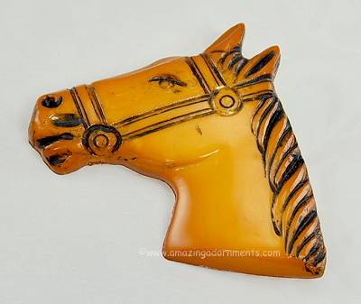 Vintage Stately Carved Plastic Horse Head Brooch