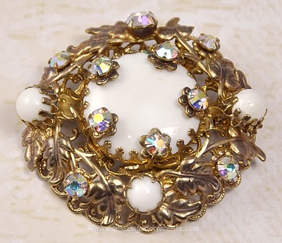 Exquisite Haskell Look White Stone and AB Rhinestone Filigree Brooch