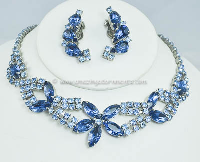 Show Stopping Vintage Blue Rhinestone Necklace and Earring Set
