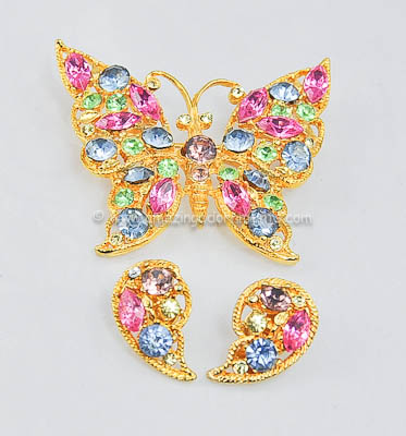 Spectacular Vintage Pastel Rhinestone Butterfly Brooch and Earring Set