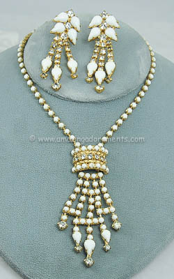 Enticing Vintage White Glass and Rhinestone Necklace and Earring Set