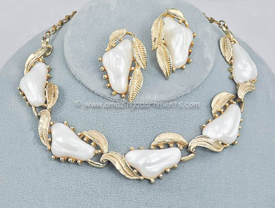 Chunky Vintage Pearly White Thermoplastic Necklace and Earring Demi-parure