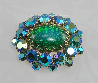 Vivid Blue Green Art Glass and Aurora Borealis Rhinestone Brooch