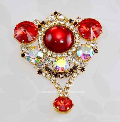 Eye- catching Vintage Red and Clear Rhinestone and Glass Brooch