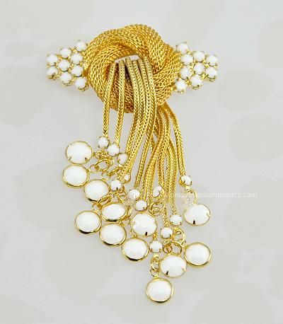 Spirited Vintage Mesh Knot and White Glass Brooch with Dangles
